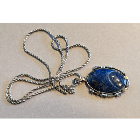 Blue Stone Bezel Set in Sterling Silver on Vintage Heavy Sterling Rope Chain - Picture 11 of 16